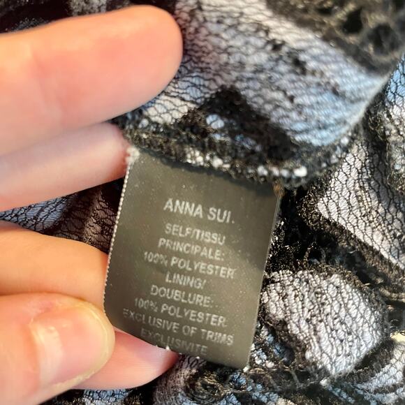 Anna Sui Top Blue Black Chevron Lace Bell Sleeve High Neck Cottagecore Large - Picture 10 of 10